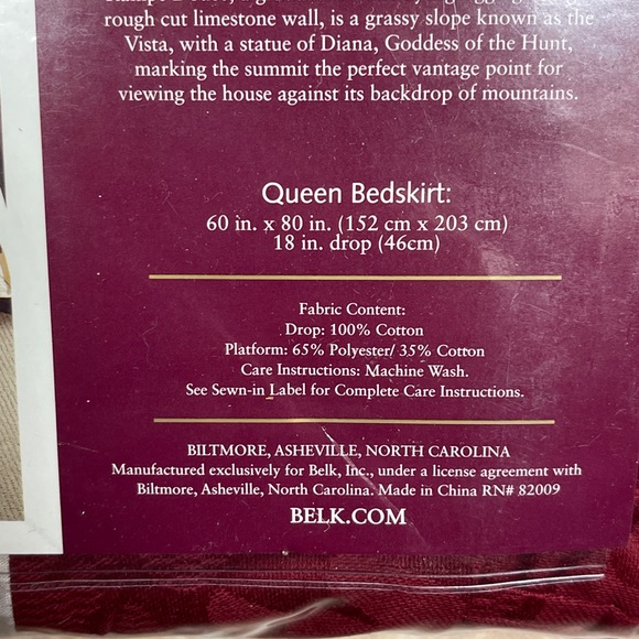 Biltmore Vista Quilt One Bedskirt Queen Red NEW NOS 60”X80” For Your House Belk. - Picture 8 of 13